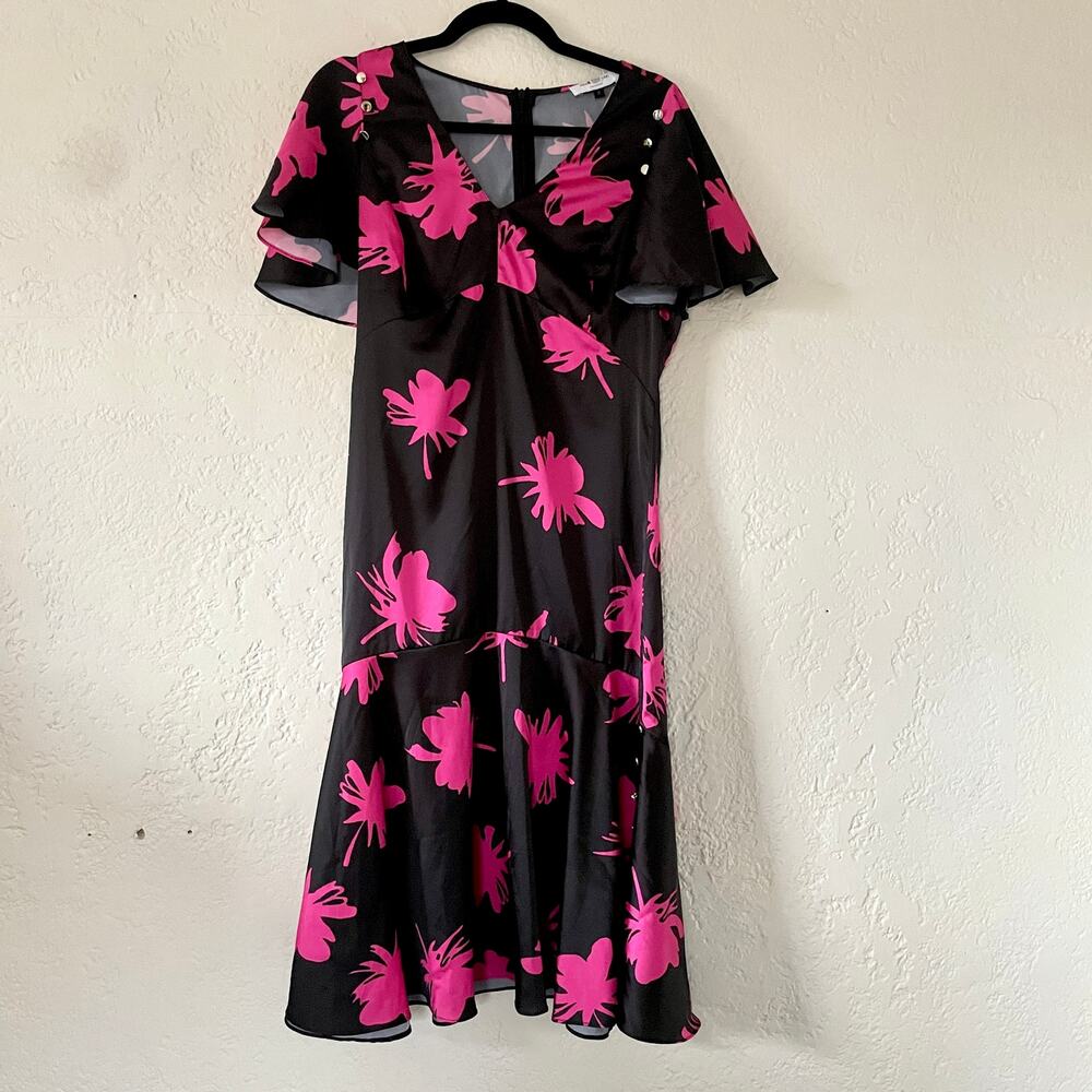 Prabal Gurung Midi Dress Tulip Floral Print V-Neck Flutter Short Sleeve sz 6 - Picture 2 of 11